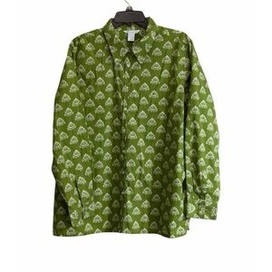 Silhouettes 1X Button Front Shirt Long Sleeve Cotton Lime Green Boho Artisanal